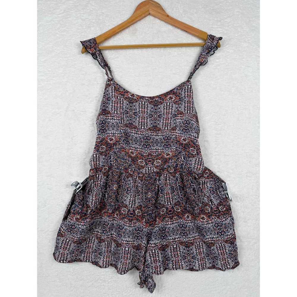 Indigo Rein Romper Womens Large Multi Color Boho Paisley Ruffle Strap Smocked
